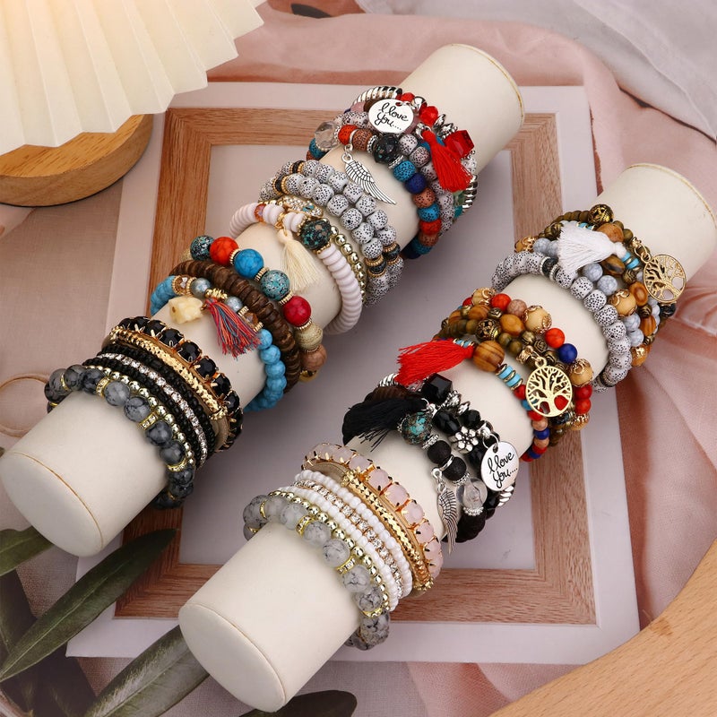 LOYALLOOK 8 Sets Bohemian Stackable Bead Bracelets for Women Stretch Multilayered Boho Stackable Bracelets Stack Beads Multicolor Beaded Strand Bangle Charm Bracelets Boho Tassel Bracelet Set Handmade - Image 4